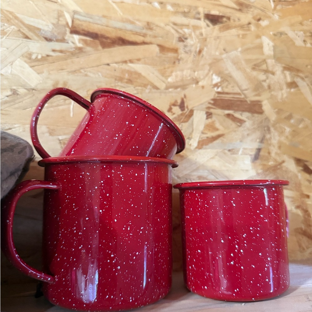 Red Enamel Splatterware Mug Set for Camping or Home